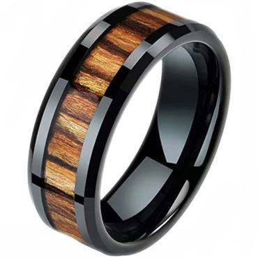 **COI Black Titanium Beveled Edges Ring With Zebra Wood-7484