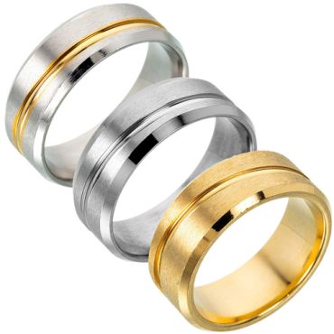 **COI Titanium Gold Tone Silver/Silver/Gold Tone Diagonal Groove Beveled Edges Ring-7511