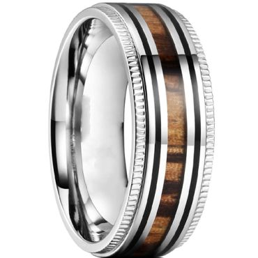 **COI Titanium Black Silver Milgrain Step Edges Ring With Wood-7524