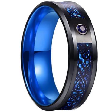 **COI Titanium Black Blue Dragon Beveled Edges Ring With Created Blue Sapphire-7525