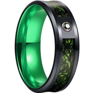 **COI Titanium Black Green Dragon Beveled Edges Ring With Created Green Emerald-7526