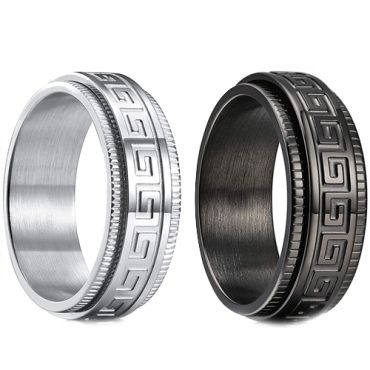 **COI Titanium Black/Silver Greek Key Pattern Milgrain Step Edges Ring-7530