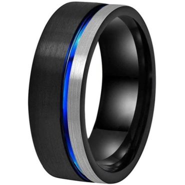 **COI Tungsten Carbide Black Blue Silver Offset Groove Pipe Cut Flat Ring-7599