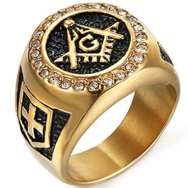 **COI Titanium Gold Tone Black Masonic Freemason Ring With Cubic Zirconia-7607
