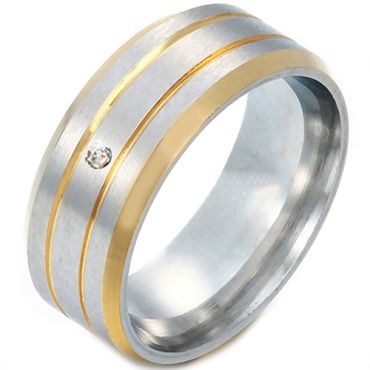 **COI Titanium Gold Tone Silver Double Grooves Beveled Edges Ring With Cubic Zirconia-7621