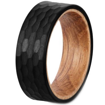 **COI Black Tungsten Carbide Hammered Ring With Wood-7660