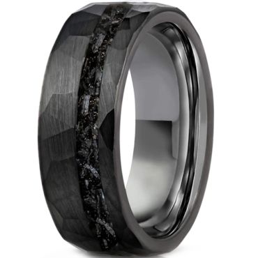 **COI Black Tungsten Carbide Hammered Ring With Meteorite-7663