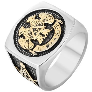 **COI Titanium Gold Tone Silver Masonic Freemason Ring-7700