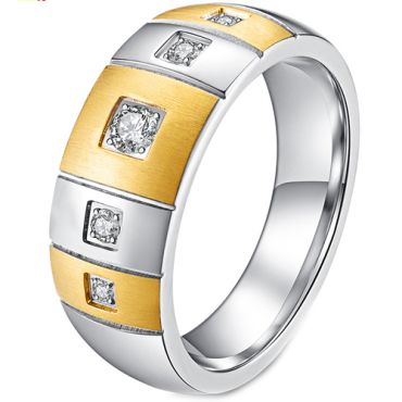 **COI Titanium Gold Tone Silver Grooves Ring With Cubic Zirconia-7764