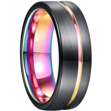 **COI Black Tungsten Carbide Rainbow Color Offset Groove Ring-7807