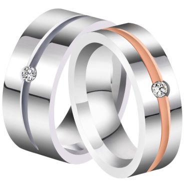 **COI Titanium Silver/Rose Silver Center Groove Ring With Cubic Zirconia-7818
