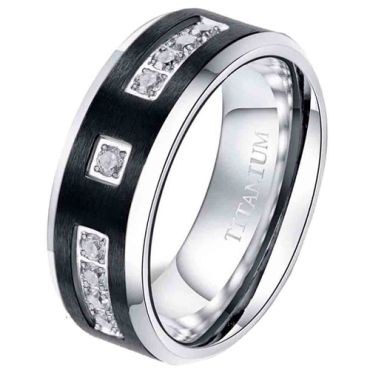 **COI Titanium Black Silver Step Edges Ring With Cubic Zirconia-7847