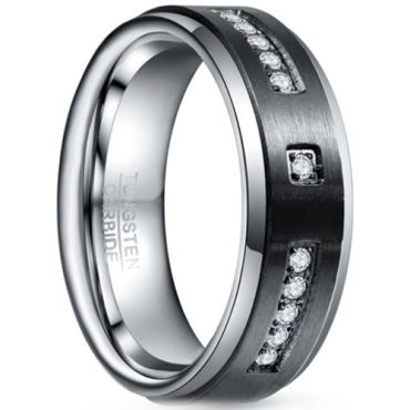 **COI Tungsten Carbide Black Silver Step Edges Ring With Cubic Zirconia-7862