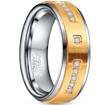 **COI Tungsten Carbide Gold Tone Silver Step Edges Ring With Cubic Zirconia-7868