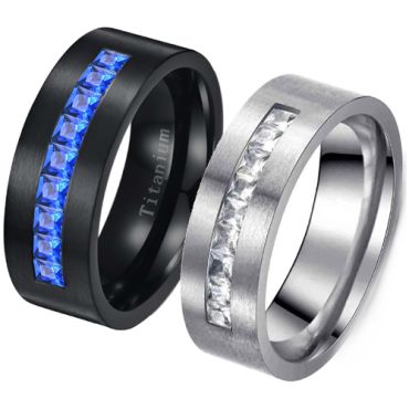 **COI Black/Silver Titanium Pipe Cut Flat Ring With Cubic Zirconia-7878