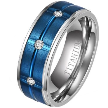 **COI Titanium Blue Silver Grooves Step Edges Ring With Cubic Zirconia-7886