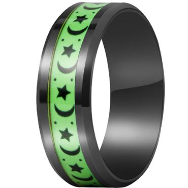 **COI Titanium Black Green Moon & Stars Beveled Edges Ring-7888