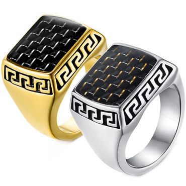 **COI Titanium Gold Tone/Silver Greek Key Pattern Ring With Carbon Fiber-7895