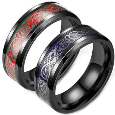 **COI Black Titanium Red/Silver Dragon Beveled Edges Ring-7912