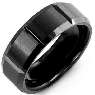 **COI Black Tungsten Carbide Vertical Grooves Beveled Edges Ring-7946AA