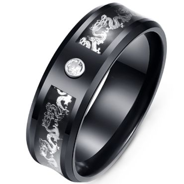 **COI Black Titanium Dragon Beveled Edges Ring With Cubic Zirconia-7991AA