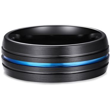 **COI Tungsten Carbide Black Blue Triple Grooves Dome Court Ring-7992AA