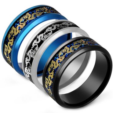 **COI Titanium Black/Blue/Silver Dragon Beveled Edges Ring-7996AA