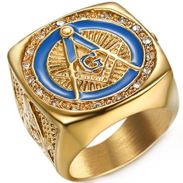 **COI Titanium Gold Tone Blue Masonic Freemason Ring With Cubic Zirconia-8005AA