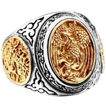 **COI Titanium Gold Tone Silver Dragon & Phoenix Ring-8044AA