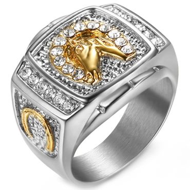 **COI Titanium Gold Tone Silver Horse Head Ring With Cubic Zirconia-8066AA