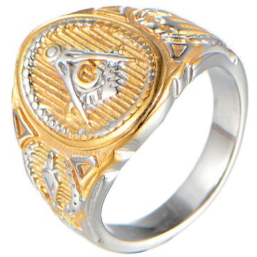 **COI Titanium Gold Tone Silver Masonic Freemason Ring-8072AA