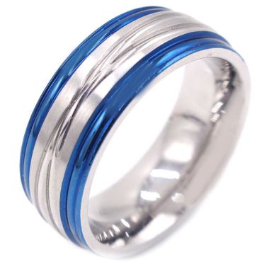 **COI Titanium Blue Silver Grooves Ring-8074AA
