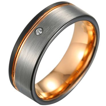 **COI Tungsten Carbide Black Rose Silver Offset Groove Ring With Cubic Zirconia-8082AA
