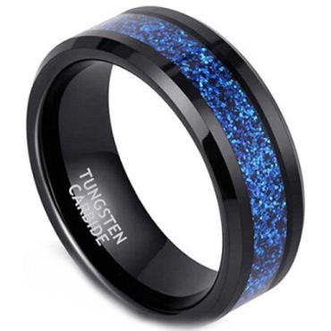 **COI Black Tungsten Carbide Blue Meteorite Beveled Edges Ring-8087AA
