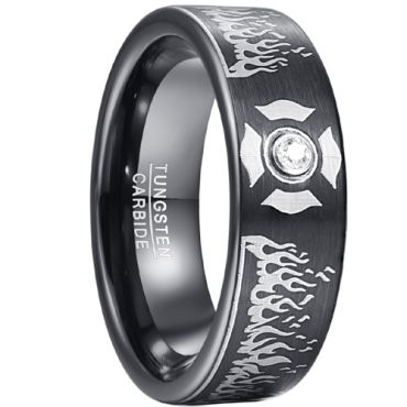 **COI Black Tungsten Carbide Laser Engraved Pipe Cut Flat Ring With Cubic Zirconia-8096AA