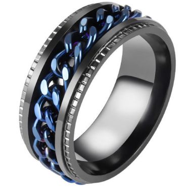 **COI Titanium Black/Silver/Black Blue Keychain Link Step Edges Ring-8103AA