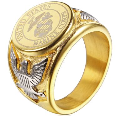 **COI Titanium Gold Tone Silver Marine Corp Signet Ring-8109AA