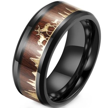 **COI Black Titanium Gold Tone Deer & Forest Scenery Beveled Edges Ring With Wood-8112AA