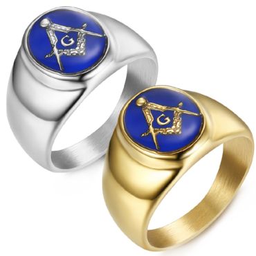 **COI Titanium Gold Tone/Silver Blue Masonic Freemason Ring-8114AA