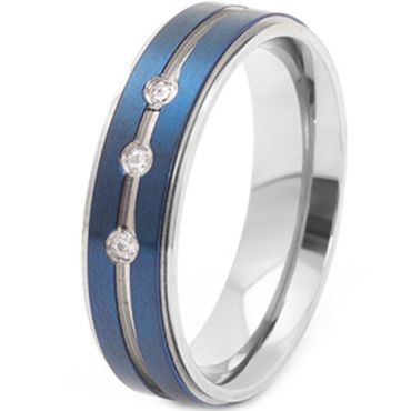 **COI Titanium Black/Blue/Gold Tone Silver Center Groove Step Edges Ring With Cubic Zirconia-8117AA