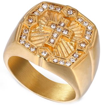 **COI Gold Tone Titanium Cross Ring With Cubic Zirconia-8126