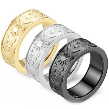 **COI Titanium Black/Gold Tone/Silver Moon Stars Sun Ring-8145AA
