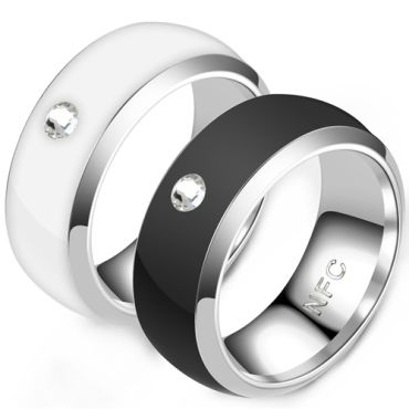 **COI Titanium Black/White Ceramic Dome Court NFC Smart Ring-8172AA