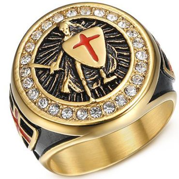 **COI Titanium Gold Tone Black Red Vintage Templar Ring With Cross-8178AA