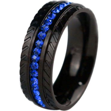 **COI Black Titanium Grooves Ring With Created Blue Sapphire-8188AA