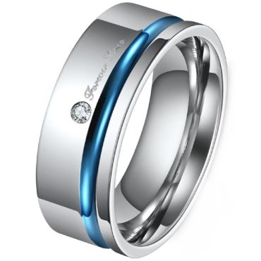 **COI Titanium Blue Silver Offset Groove Forever Love Ring With Cubic Zirconia-8189AA