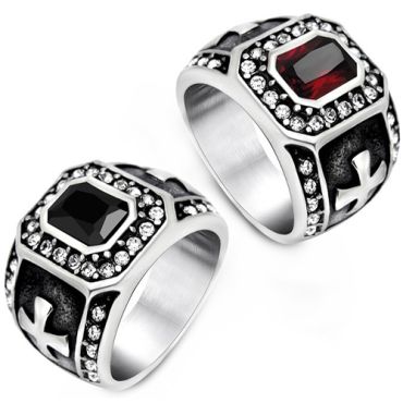 **COI Titanium Black Silver Cross Ring With Created Red Ruby/Black Onyx-8240AA