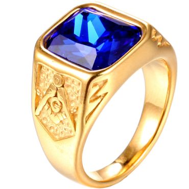 **COI Gold Tone Titanium Masonic Freemason Ring With Black Onyx/Created Blue Sapphire/Green Emerald/Red Ruby-8247AA