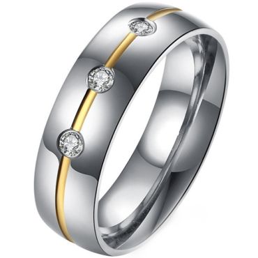 **COI Titanium Gold Tone Silver Center Groove Ring With Cubic Zirconia-8265AA