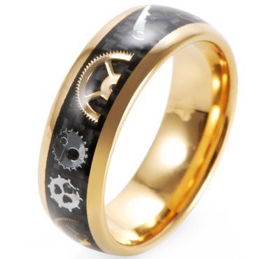 **COI Gold Tone Tungsten Carbide Gears Ring With Carbon Fiber-8290AA